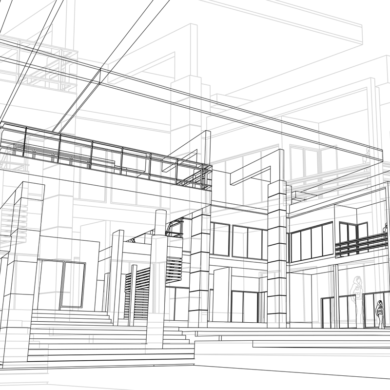 Un plano de una obra en dibujo lineal negro